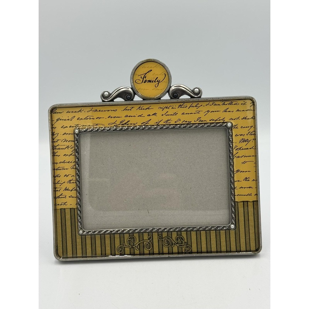 Family Silver Gold tone Photo Frame Holds 4x6"Picture Metal Yellow Enamel